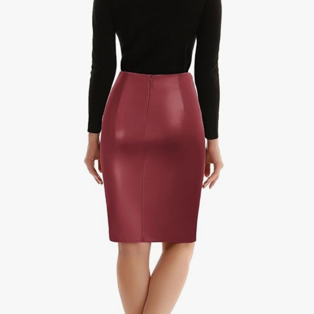Kate Kasin (NWT) Women’s Faux Leather Red Pencil Skirt - Picture 3 of 8